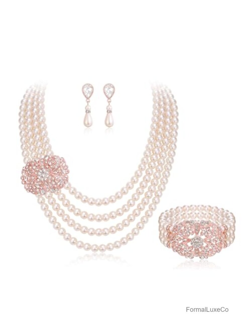 Victorian Style Bridal Jewelry Set Simulated Pearl Necklace Earrings Bracelet